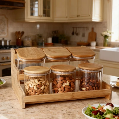 6-Piece High Borosilicate Glass Jar Set With Wooden Base