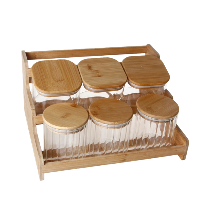 6-Piece High Borosilicate Glass Jar Set With Wooden Base factory